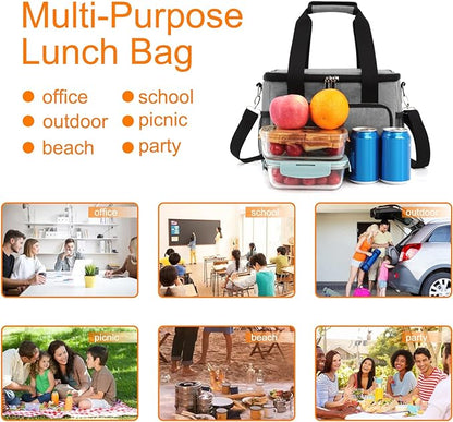 Femuar Lunch Bags for WomenMen, Insulated Lunch Bag for Work Office Picnic - Large Lunch Cooler Bag Leakproof Lunch Box with Adjustable Shoulder Strap for Adults - Grey (15L)