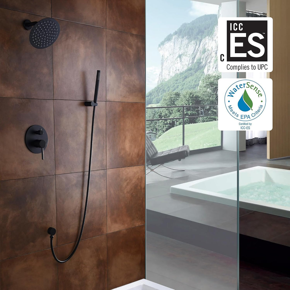Matte black shower fixtures with touch-clean design and durable metal construction that resists calcium and lime buildup.