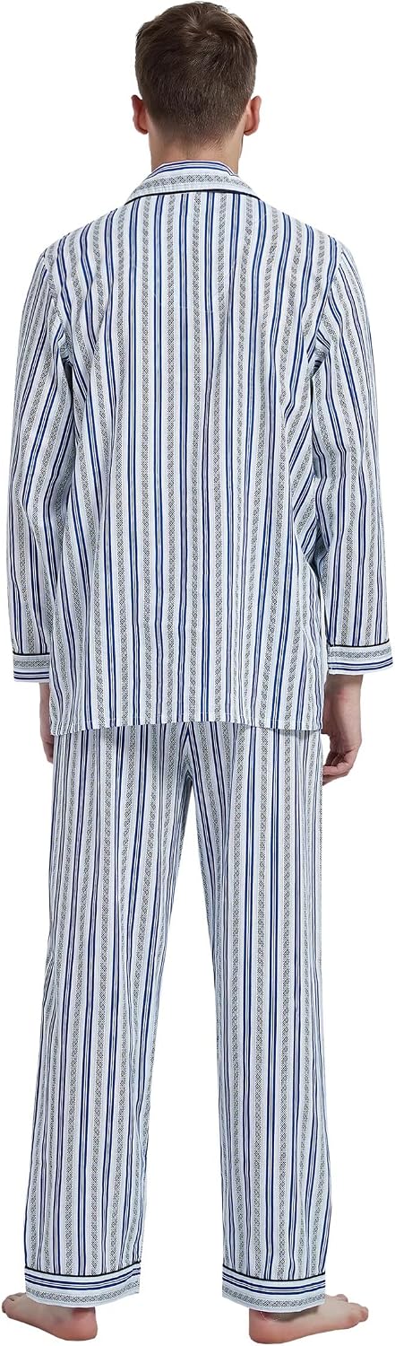 amaxer Mens 100% Cotton Pajamas Set Long Sleeve Pjs Button Fly Pants Soft Elastic Drawstring Waistband Bottoms