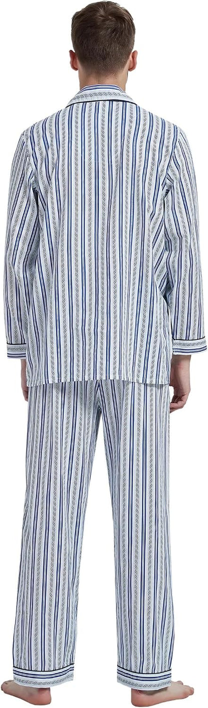 amaxer Mens 100% Cotton Pajamas Set Long Sleeve Pjs Button Fly Pants Soft Elastic Drawstring Waistband Bottoms