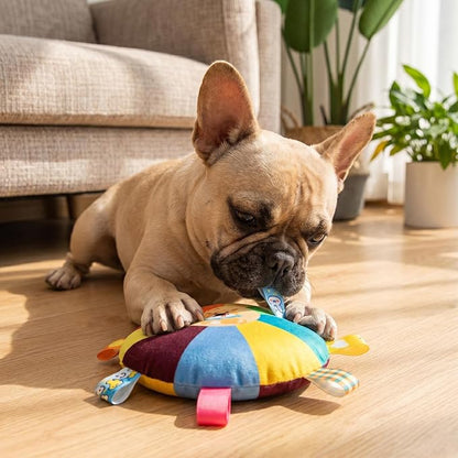 Sturdy Interactive Canine Plaything - Vibrant Squeaky Toy Featuring a Cartoon Bear, Gentle Material for Training and Fun, Appropriate for Every Breed.