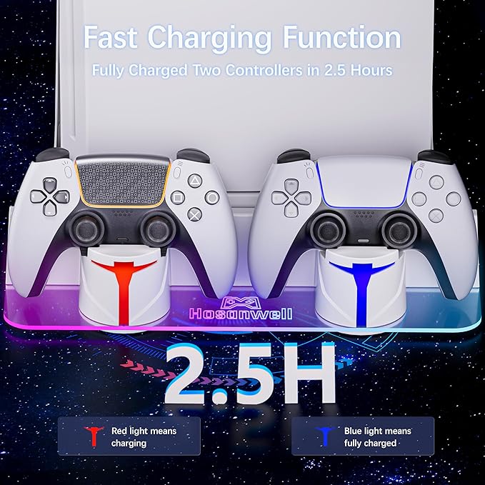Hosanwell PS5 Wall Mount Kit with Charging Station, Compatible with PS5 Slim Disc & Digital Version, Dual Use Charging Station with Multi-Mode RGB Light, White