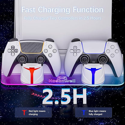 Hosanwell PS5 Wall Mount Kit with Charging Station, Compatible with PS5 Slim Disc & Digital Version, Dual Use Charging Station with Multi-Mode RGB Light, White