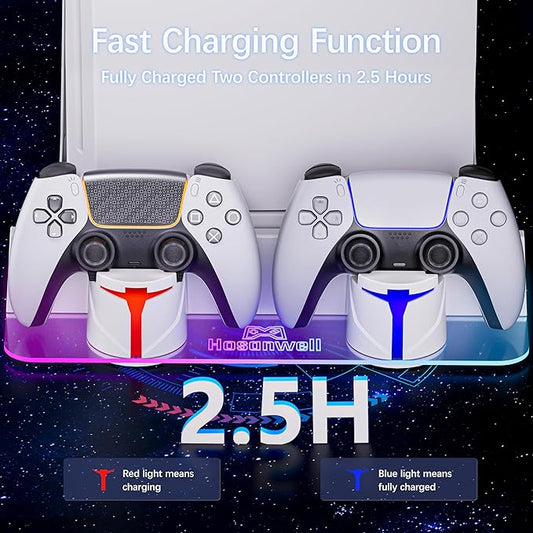 Hosanwell PS5 Wall Mount Kit with Charging Station, Compatible with PS5 Slim Disc & Digital Version, Dual Use Charging Station with Multi-Mode RGB Light, White