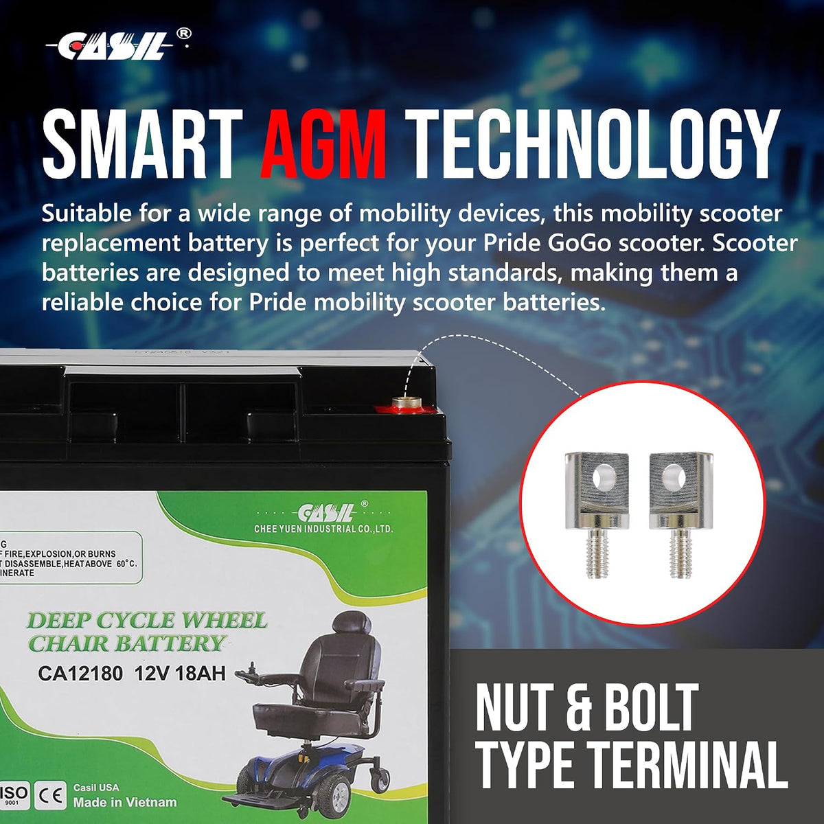 Casil 12V 18AH Deep Cycle Wheelchair Battery Compatible with Pride Mobility Go-Go Elite Traveler Plus Wheelchair MKB ES17 12 Scooter Wheelchair, Nut and Bolt Terminal