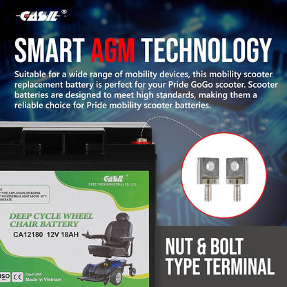 Casil 12V 18AH Deep Cycle Wheelchair Battery Compatible with Pride Mobility Go-Go Elite Traveler Plus Wheelchair MKB ES17 12 Scooter Wheelchair, Nut and Bolt Terminal