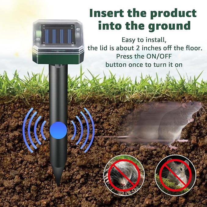 Mole Repellent Solar Powered-Waterproof Vole Chipmunk Repellent Outdoor Ultrasonic Mole Repeller Vole Vibration Stakes for Yard Mole Deterrent Spike for Chipmunk Groundhog Snake Rodent(4pack)