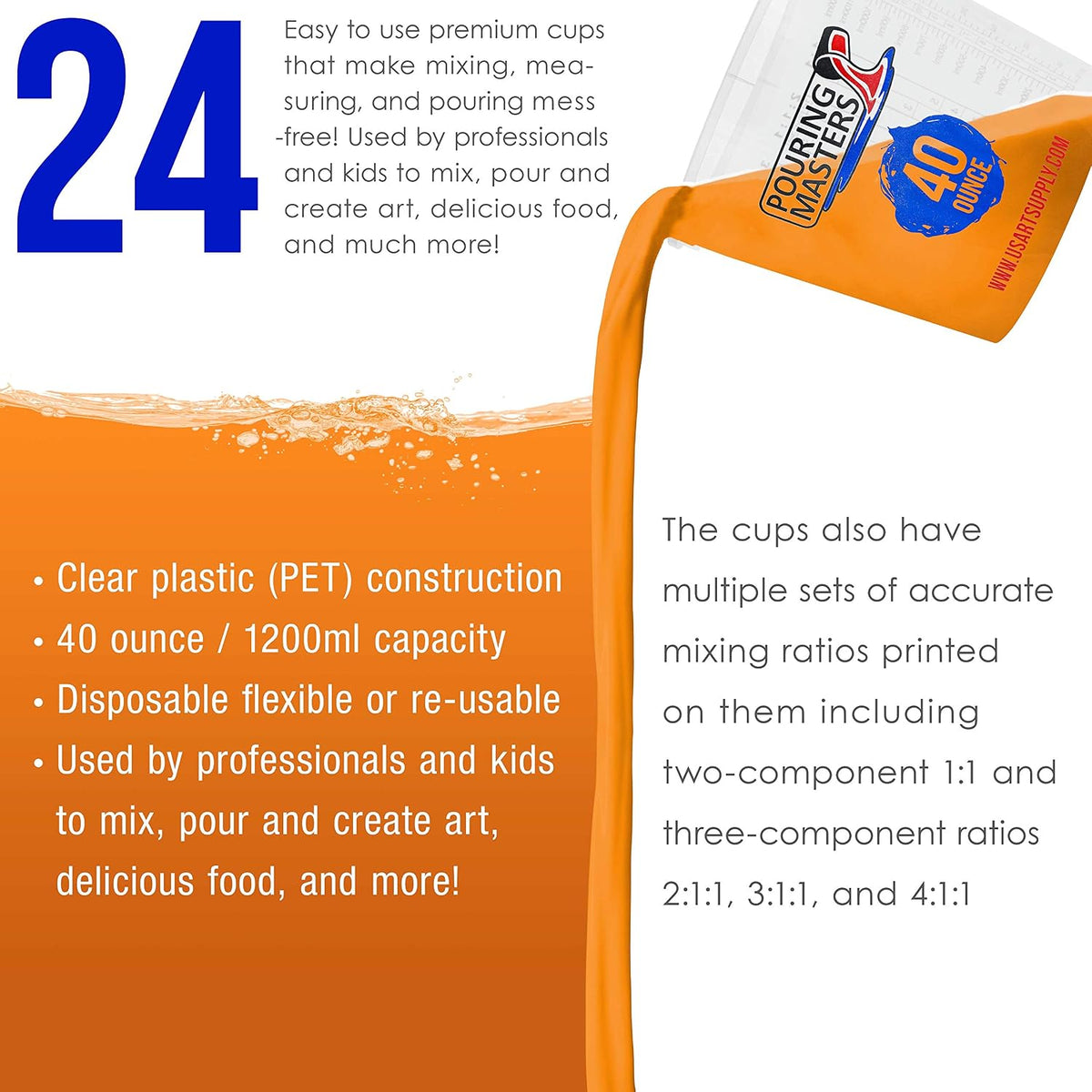 Pouring Masters 40 oz Graduated Plastic Mixing Cups, Box of 10