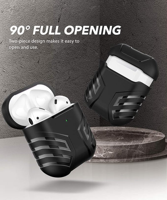 MOBOSI Military Cover Designed for AirPods 2  1, Full-Body Protective Vanguard Armor Series Case with Keychain, Wireless Charging Case, Black Front LED Visible