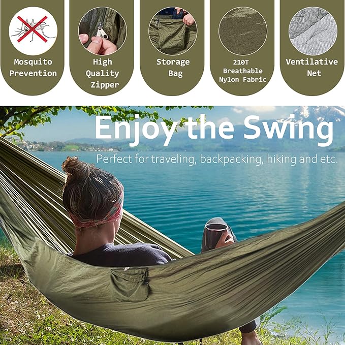 Camping Hammock with Mosquito Net Portable Lightweight Hanging Hammocks with 2 Tree Straps 210T Parachute Nylon Hammock for Outdoor Hiking Survival Travel, Green
