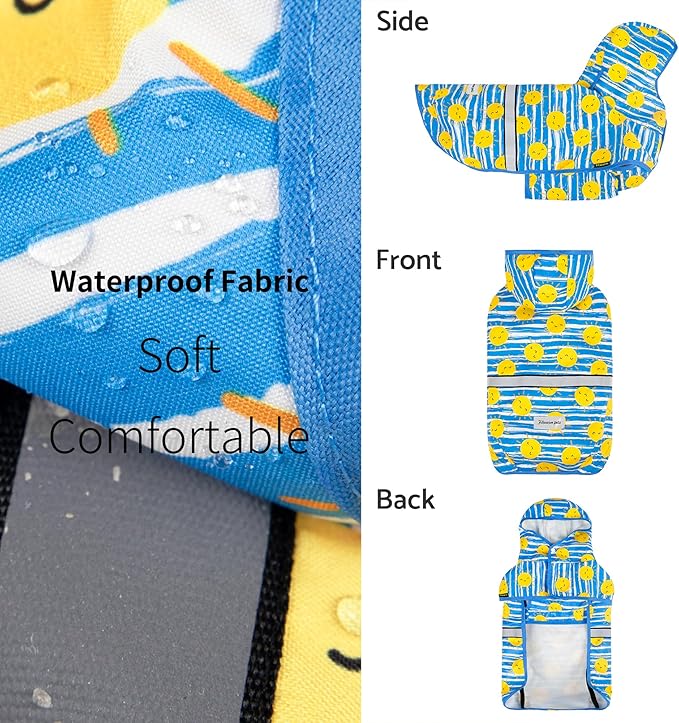 Fitwarm Stirped Sun Dog Raincoat, Waterproof Rain Jacket for Small Dogs Boy Girl, Reflective Puppy Poncho with Harness Hole, Packable, Adjustable, Blue, Yellow, White, S