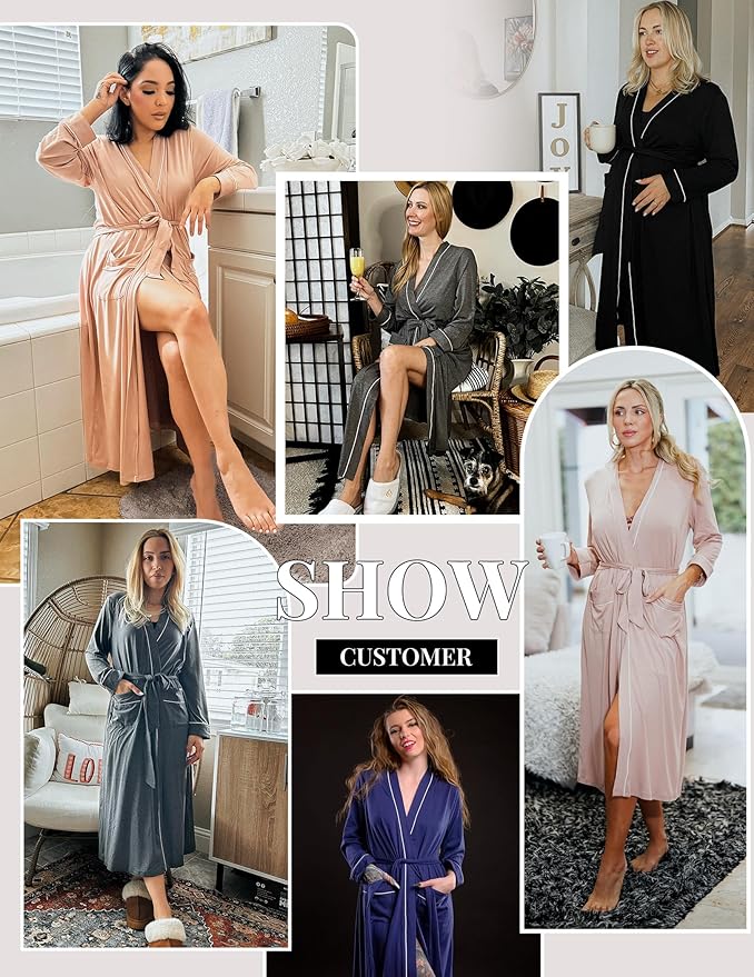 Ekouaer Women Kimono Robes Full Length Knit Bathrobe Lightweight Soft Sleepwear V-neck Casual Ladies Loungewear S-XXL