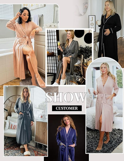 Ekouaer Women Kimono Robes Full Length Knit Bathrobe Lightweight Soft Sleepwear V-neck Casual Ladies Loungewear S-XXL