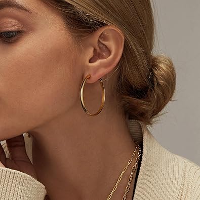 Chunky Gold Hoop Earrings for Women With 925 Sterling Silver Post, Thick Gold Hoop Earrings Hollow Tube Hoops Earrings Hypoallergenic, Lightweight Gold Large Big Hoop Earrings 405060MM