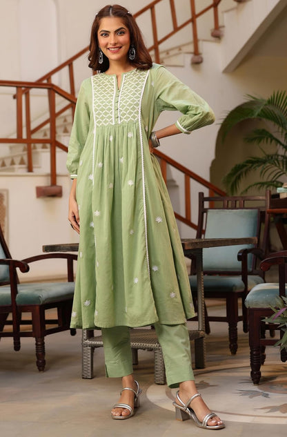 Indian Women's Cotton Green Embroidered Casual Wear Kurta Set for Women