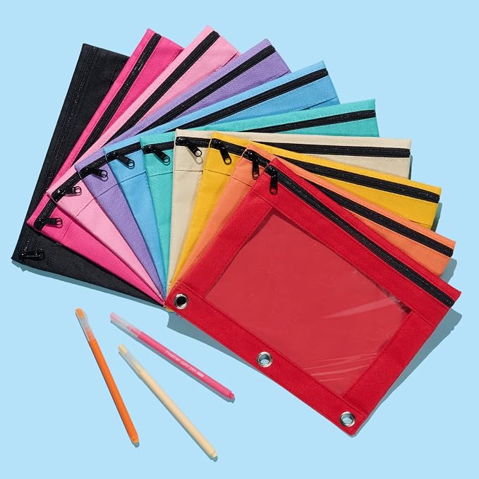 Forvencer Pencil Pouch for 3 Ring Binder, Large Pencil Case Pouch with 3 Reinforced Grommets, Pen Bag, Clear Window Pencil Case, Binder Accessories, Cherry Red