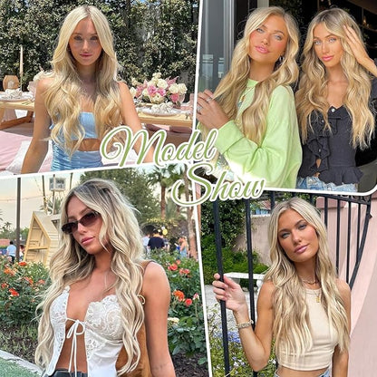 KooKaStyle Invisible Wire Hair Extensions with Transparent Wire Adjustable Size 4 Secure Clips Long Wavy Secret Synthetic Hairpiece 20 Inch for Women(Ash Brown mix Bleach Blonde)