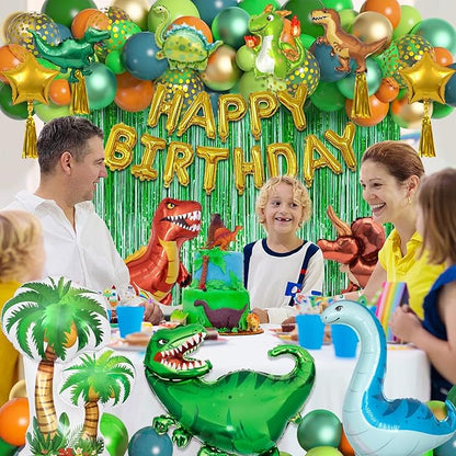Dinosaur birthday party decoration supplies, 125 pieces of dinosaur balloons, green, orange, blue, happy birthday balloon garland arch kit, balloon curtain of