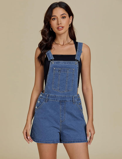 luvamia Jean Short Overalls for Women Baggy Adjustable Straps Bib Stretchy Denim Overall Jumpsuits Shortalls with Pockets