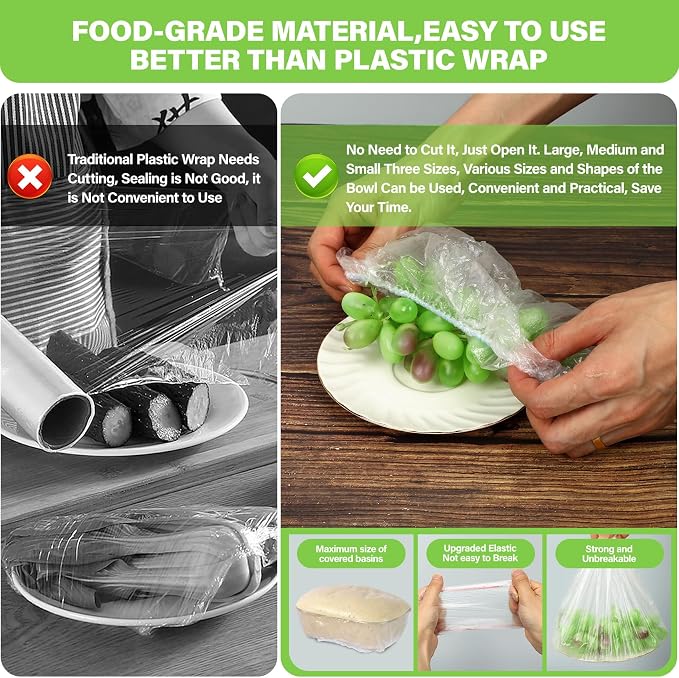 3rd Upgraded Plastic Bowl Covers, 100PCS Bowl Lids for Bread Proofing, 3 Sizes Plastic Covers for Bowls with Elastic, Food Grade Safe Material Food Lids, Reusable