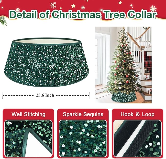 Christmas Tree Collar Hunter Green 24 Inch Xmas Tree Ring Sparkling Sequin Christmas Tree Basket Skirt for Christmas Tree Decor Glitter Velvet Tree Collars Tree Skirt for Xmas Party Occasions