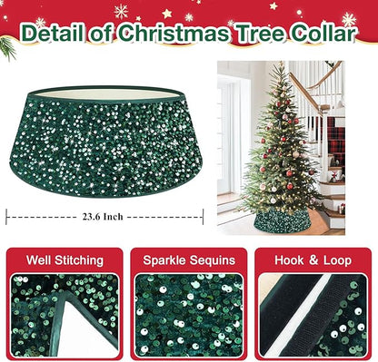 Christmas Tree Collar Hunter Green 24 Inch Xmas Tree Ring Sparkling Sequin Christmas Tree Basket Skirt for Christmas Tree Decor Glitter Velvet Tree Collars Tree Skirt for Xmas Party Occasions