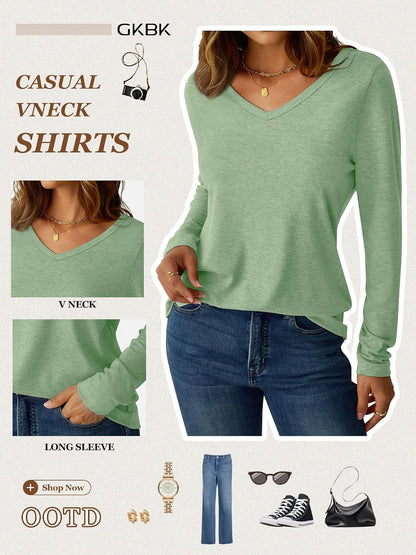 GKBK V Neck Long Sleeve Shirts for Women Soft Basic Tees Spring Casual Tops Trendy Everyday Wear .