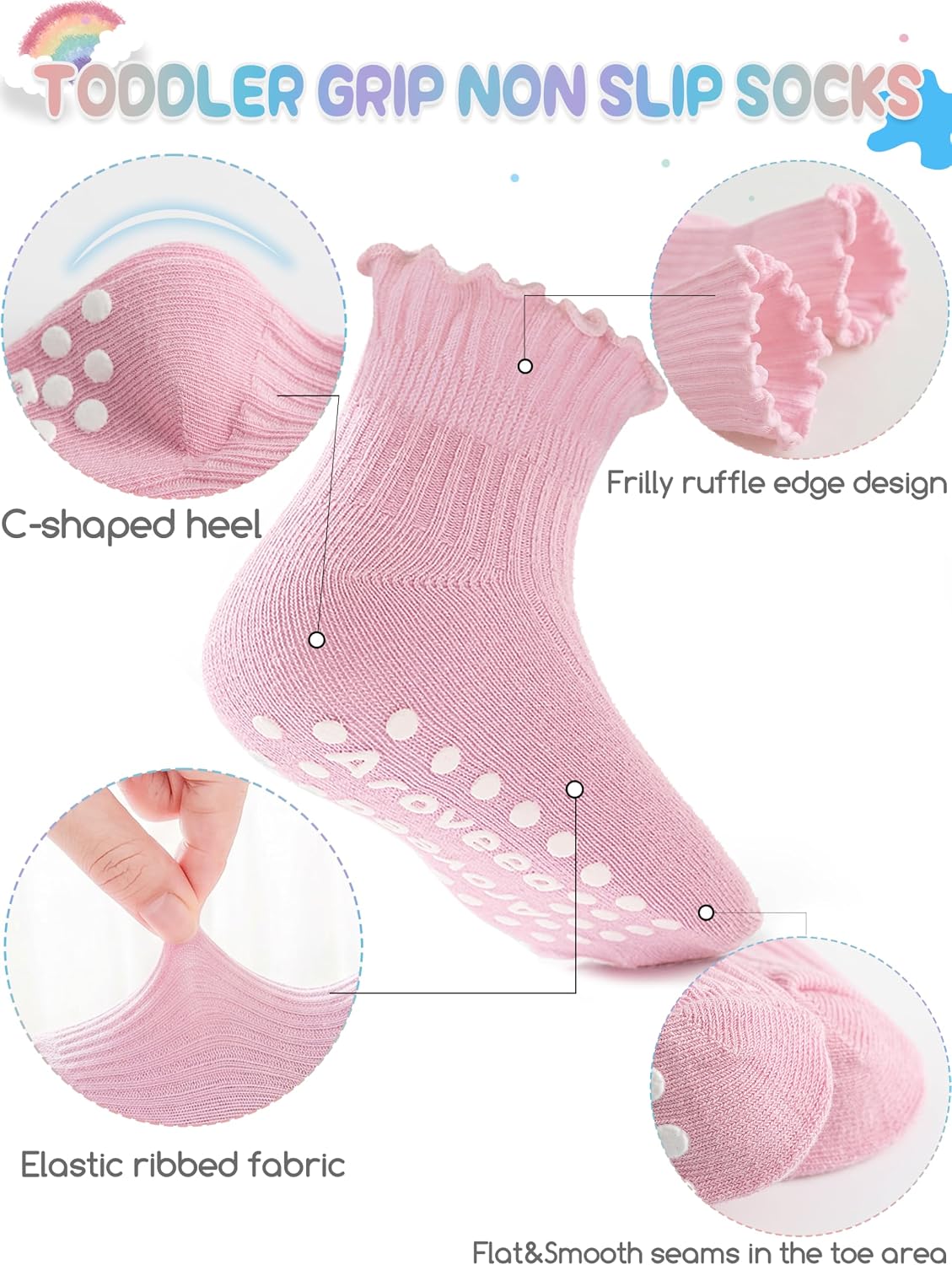 Baby Toddler Girls Socks Grip Ruffle Non Slip Girls Cotton 12 Pack Socks for Kids Cute Ankle 6M-7Years