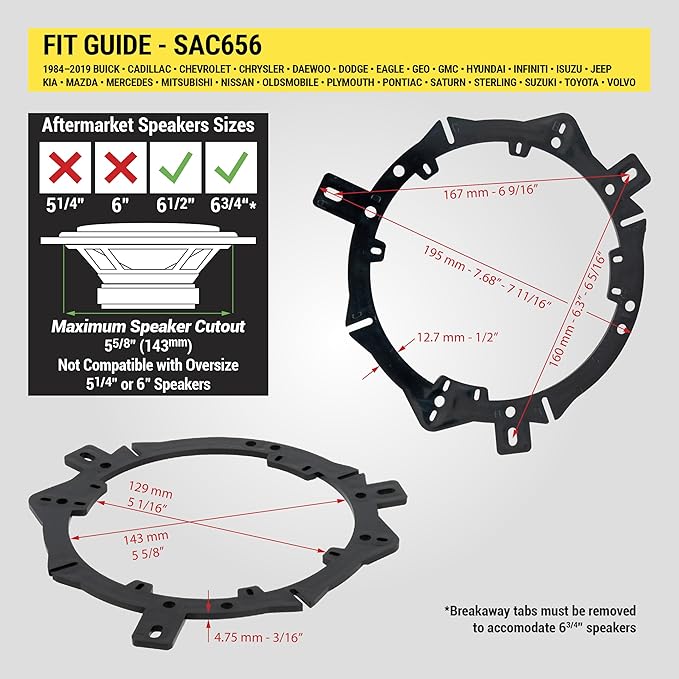 Scosche SAC656 6.5-6.75Au Speaker Adapters Compatible with Select 1988-19 Chrysler, Dodge, Jeep  Plymouth Vehicles - 6 12" to 6 34" Adapter for Car Door Speakers - 1 Pair - See Guide for Vehicle Fit