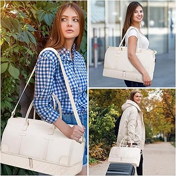 ETRONIK Weekender Overnight Bags for Women, Large Travel Duffle Bags with Shoe Compartment  Wet Pocket, Carry On Tote Bag Gym Duffel Bag with Toiletry Bags for Hospital 3 Pcs Set, Large Size, Beige