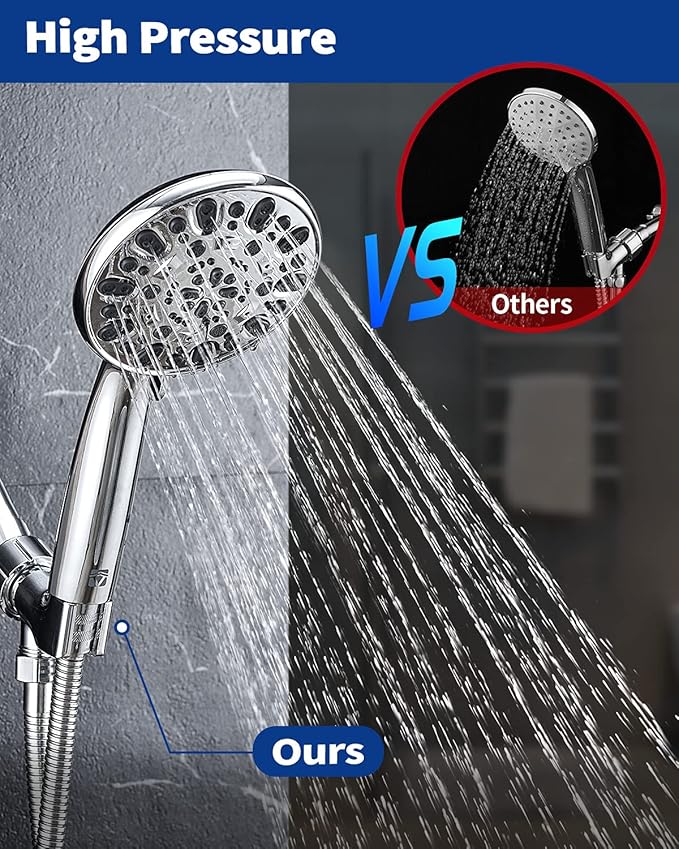 High Pressure Handheld Shower Head VMASSTONE 7-Spray Setting Showerhead Kit with 59" Stainless Steel Hose and Adjustable Mount for Showering Enjoyment Even at Low Water Flow (HM-002 Chrome)