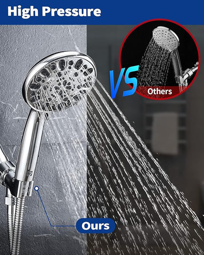 High Pressure Handheld Shower Head VMASSTONE 7-Spray Setting Showerhead Kit with 59" Stainless Steel Hose and Adjustable Mount for Showering Enjoyment Even at Low Water Flow (HM-002 Chrome)