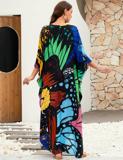 MAKABO Kaftan Dresses for Women V Neck Moo Moos Colorful Print Cover Ups | 100% Viscose Soft Skin Friendly, Breathable, Caftan Beach Dresses for Swimwear, Multi Pattern, Great Party Choice