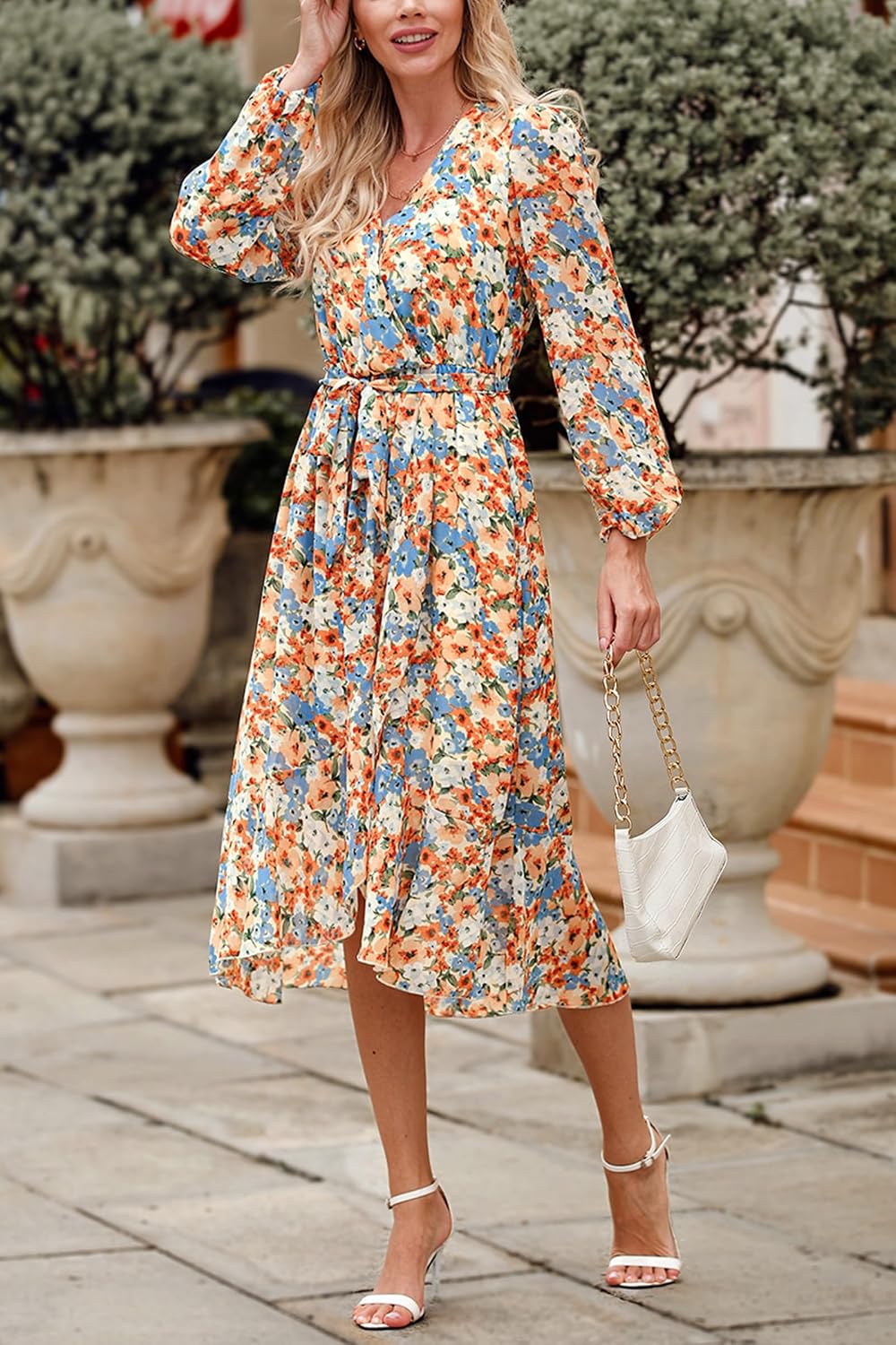 PRETTYGARDEN Women's Floral Boho Dress Fall Long Sleeve Wrap V Neck Ruffle Flowy Maxi Spring Wedding Guest Vacation Dresses