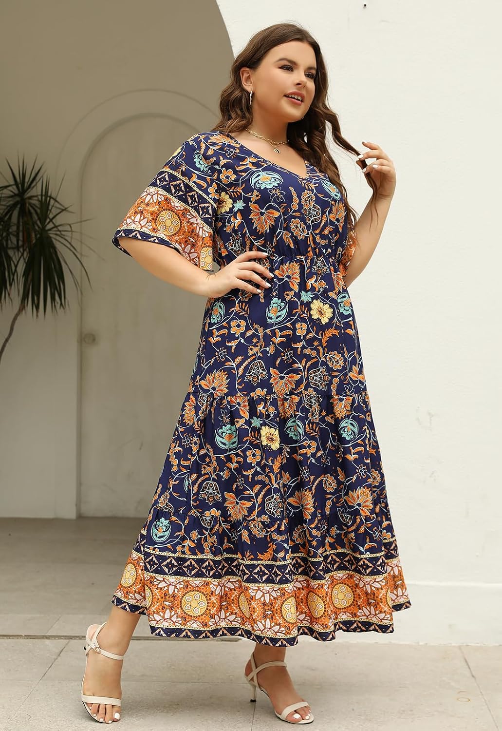 Keluummi Plus Size Maxi Dress for Women V-Neck Floral Empire Waist 3/4 Sleeve with Pockets .