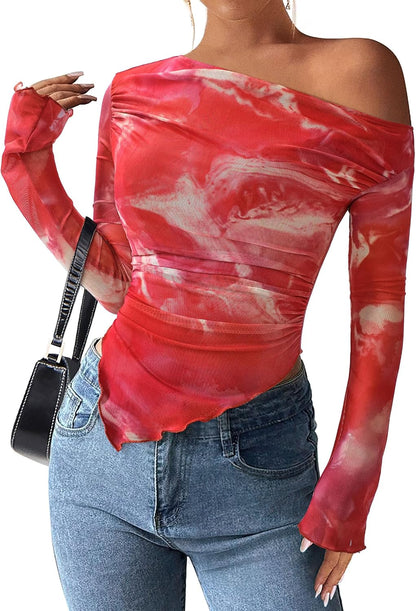PRETTYGARDEN Womens Fall Trendy Off Shoulder Y2k Tops 2026 Tie Dye Mesh Long Sleeve Shirts Asymmetrical Ruched Floral Blouse