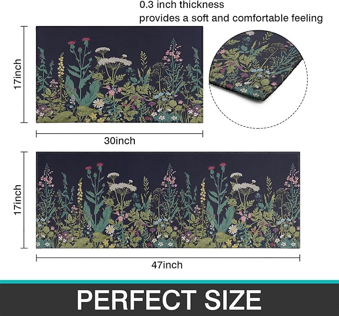 Farmhouse Kitchen Rugs and Mats Sets of 2, Weeds Floral Kitchen Decoration Rubber Backing Non-Slip Mats for Sink Waterproof Floor Mat for Laundry Room,17x3017x48inch
