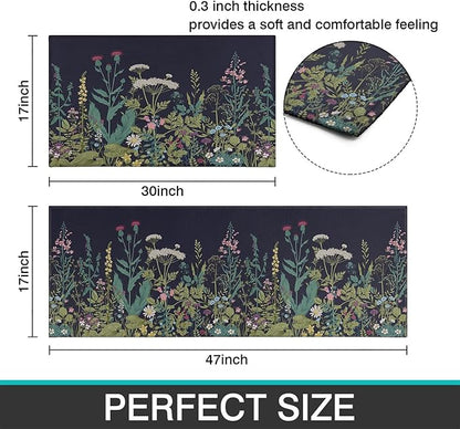 Farmhouse Kitchen Rugs and Mats Sets of 2, Weeds Floral Kitchen Decoration Rubber Backing Non-Slip Mats for Sink Waterproof Floor Mat for Laundry Room,17x3017x48inch