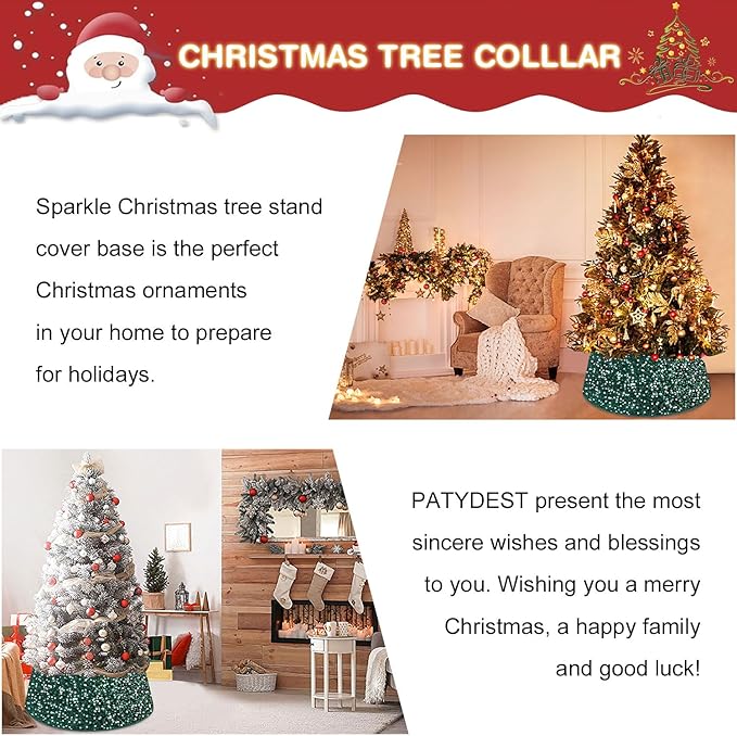 Sequin Christmas Tree Collar Glitter Tree Skirt Emerald Green Velvet Fabric Xmas Tree Base Stand Cover Christmas Tree Ring Holiday Trunk Skirt Cover Christmas Tree Skirts for Home Decor 23.6 Inch