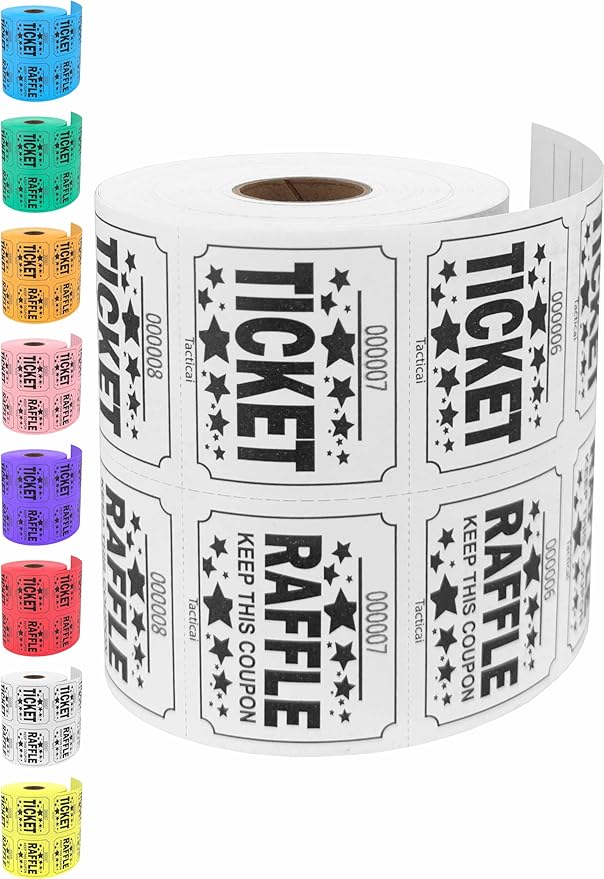 Tacticai 500 Raffle Tickets, White (1 of 8 Colors), Double Roll, Large Ticket for Events, Entry, Class Reward, Fundraiser  Prizes