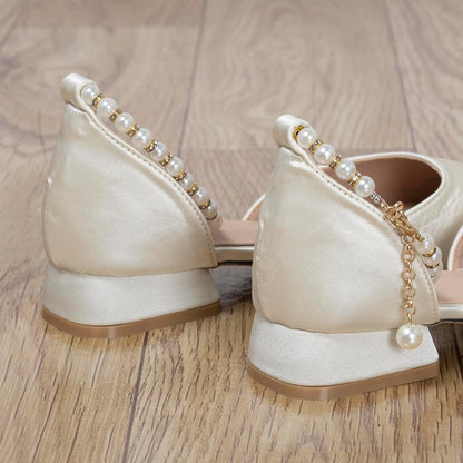 Women's 1 Inch Beige Satin Heels with Pearl Ankle Strap Pointy Closed Toe Low Block Chunky Pumps Comfort White Wedding Dress Sandal Shoes for Bride Guest Party
