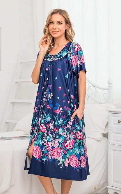 YOZLY House Dress for Women Short Sleeve House Coat Mumu Duster Robe with Pockets