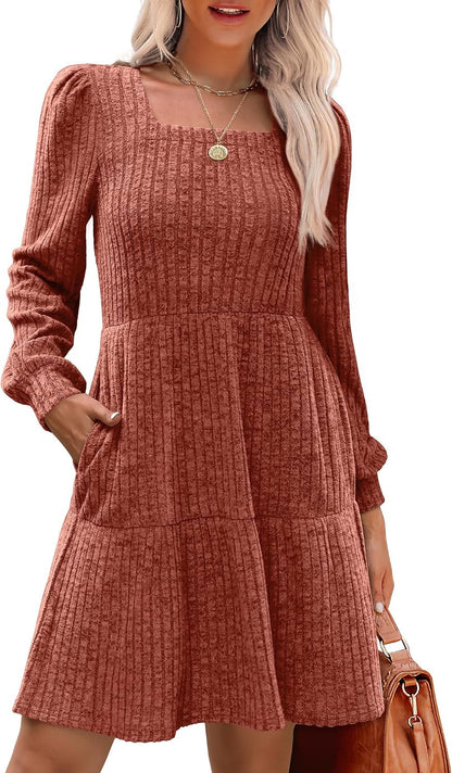 Sampeel Womens Square Neck Long Sleeve Fall Dresses Casual Babydoll Sweater Dress.