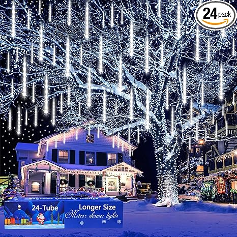 Aokudoni Christmas Lights Outdoor, 24 Tubes Meteor Shower Lights (Equivalent to 3 Sets of 8-Tubes), Waterproof Outside Christmas Decorations for Tree Window Yard Party Holiday, UL Plug, White