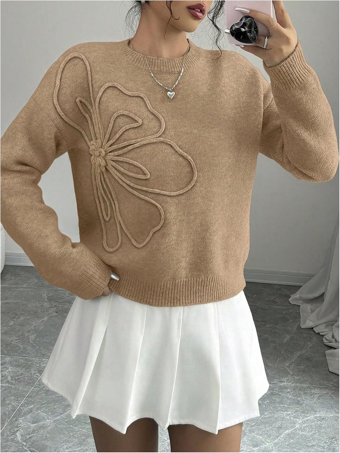 RoseSeek Women's 3D Floral Appliques Crewneck Sweaters Long Sleeve Drop Shoulder Pullovers Elegant Knit Tops