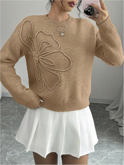 RoseSeek Women's 3D Floral Appliques Crewneck Sweaters Long Sleeve Drop Shoulder Pullovers Elegant Knit Tops
