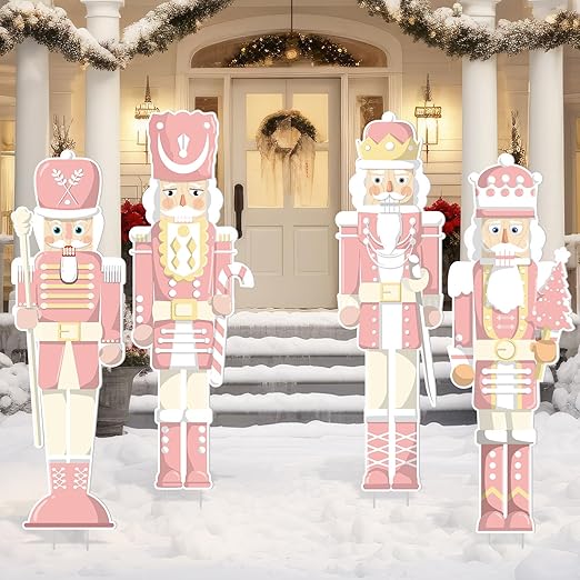 Geetery 4 Pcs Large Christmas Nutcracker Yard Sign with 16 Stakes Christmas Yard Decorations Outdoor Holiday Xmas Nutcracker Cute Christmas Outside Lawn Decor for Garden Pathway Party (Pink)