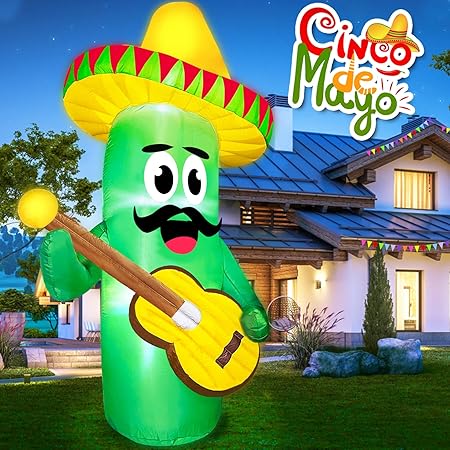 TURNMEON 8 Ft Tall Inflatable Cactus Mexican Fiesta Party Decorations with Taco Sombreros Guitar LED Lights Blow Up Mexican Day of The Dead Fiesta Party Favors for Yard Lawn Dia de Los Muertos Decor