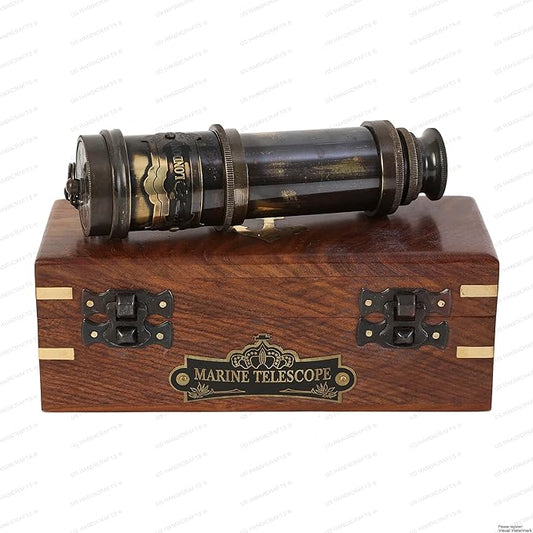 Vintage Brass Spyglass Telescope – Handheld Nautical Captain’s Pirate Telescope with Wooden Box – Antique Maritime Collectible, Functional Monocular for Navigation, Pirate Décor & Gifts