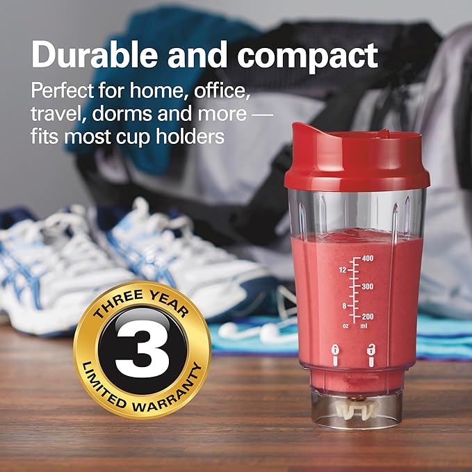 Hamilton Beach Portable Blender for Shakes and Smoothies, 14 Oz BPA Free Travel Cup & Lid, Durable Stainless Steel Blades, Personal Smoothie Blender, Red (51101RV)